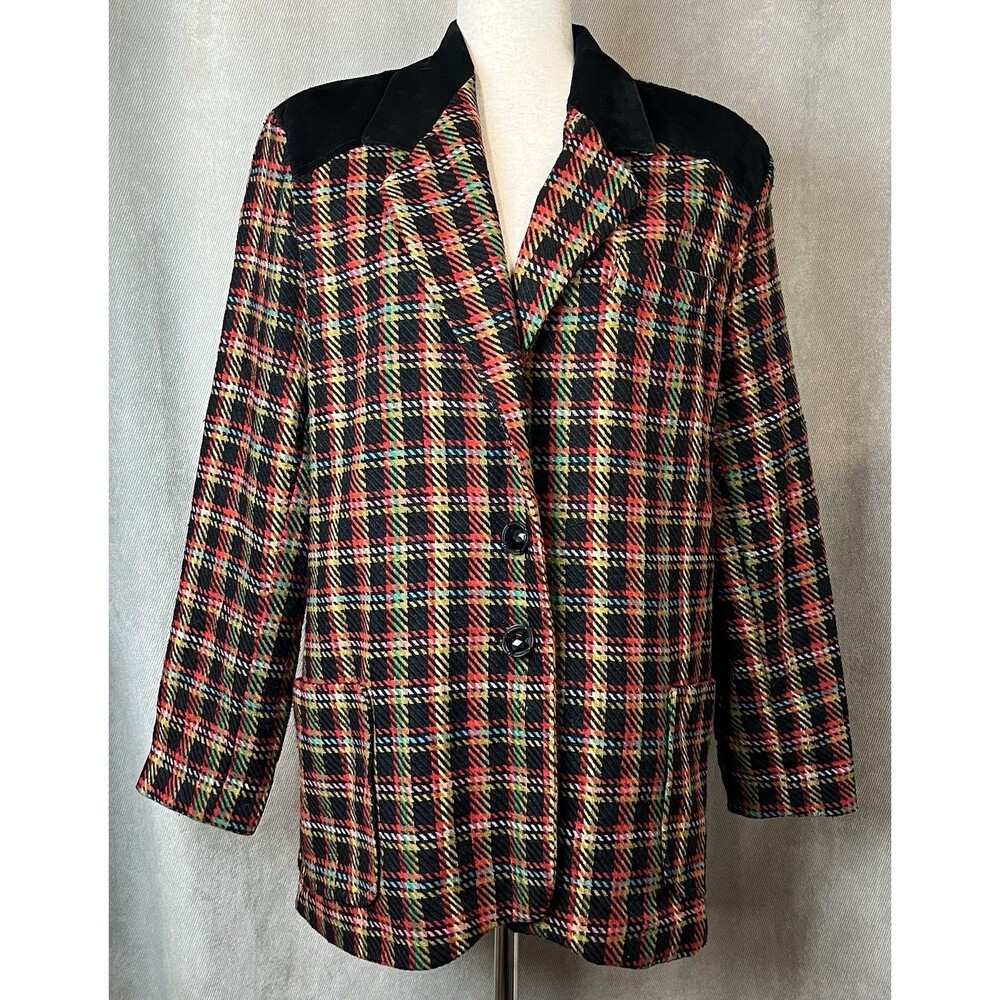 VTG Westerfield Plaid Wool Blend Blazer Suede Like Collar 80s Med USA Academia